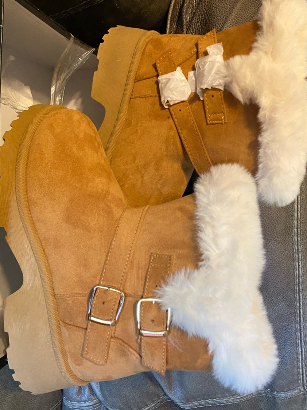 Tan Suede Faux-Fur Buckle Winter Boots